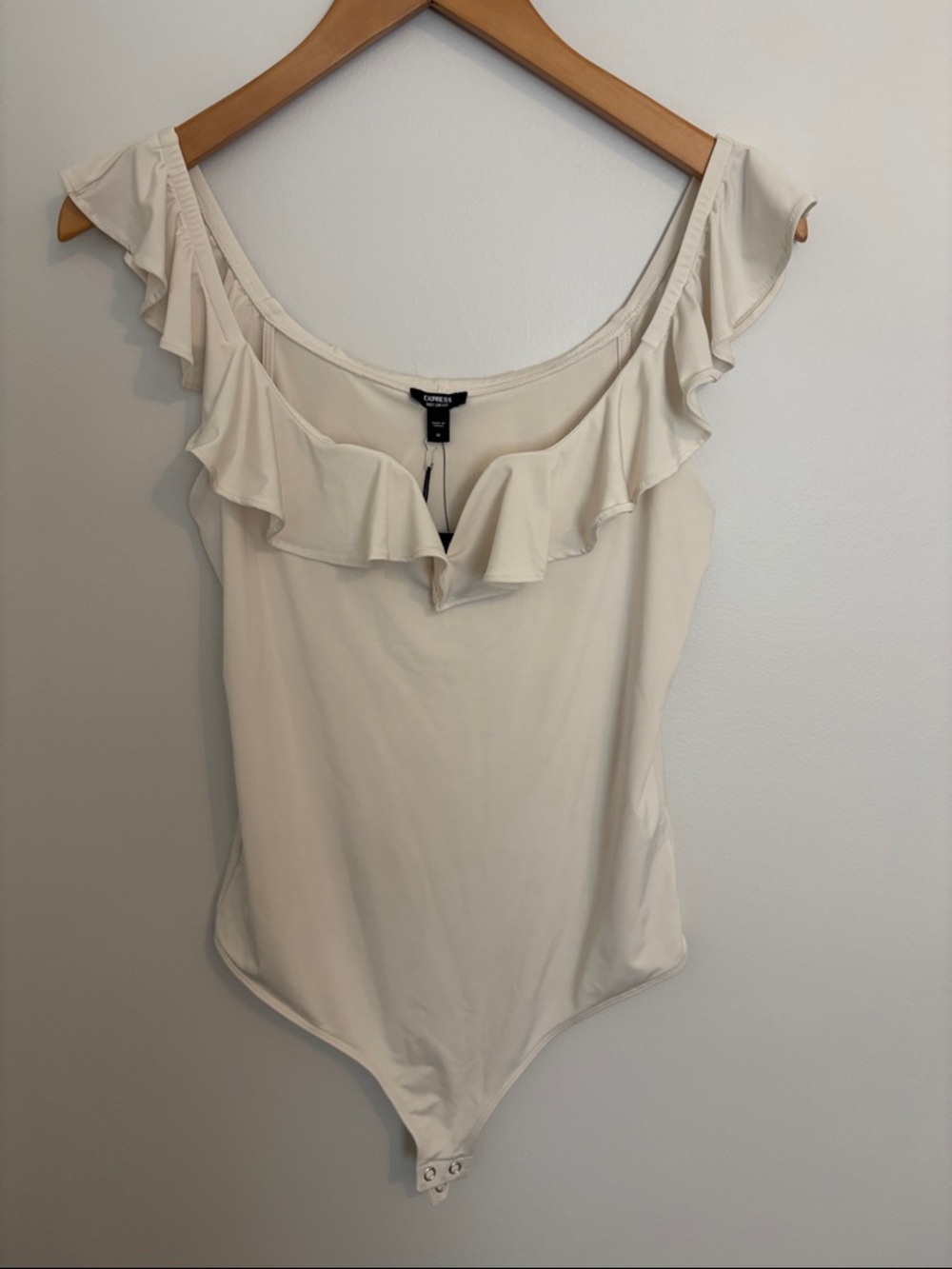 Express Cream Ruffle Scoop-Neck Bodysuit